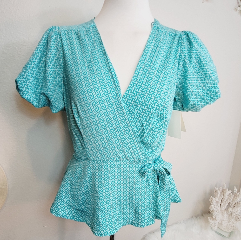 NWT MERAKI NWT TEAL FAUX WRAP BLOUSE V-NECK PUFF SLEEVES WAIST TIE  WOMENS S…